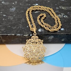 Trifari crown signature gold pendant necklace